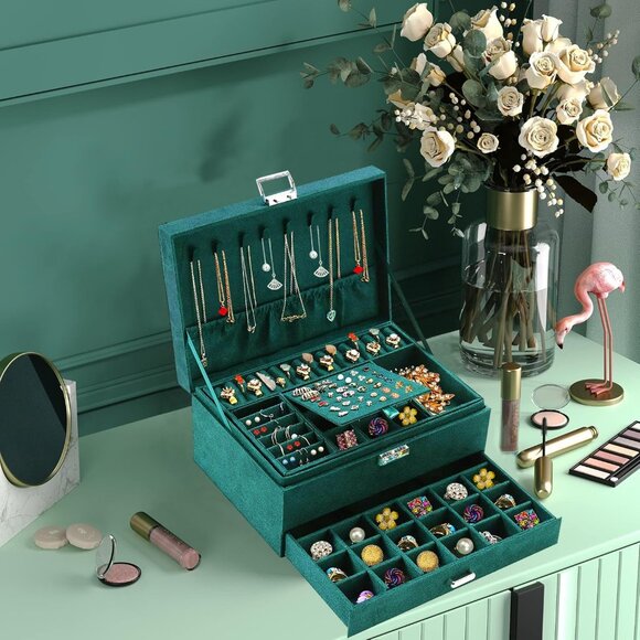 Jewelry Boxes for Women Green Velvet Jewelry Organizer with Lock,Teen Jewelry Or - Picture 6 of 9